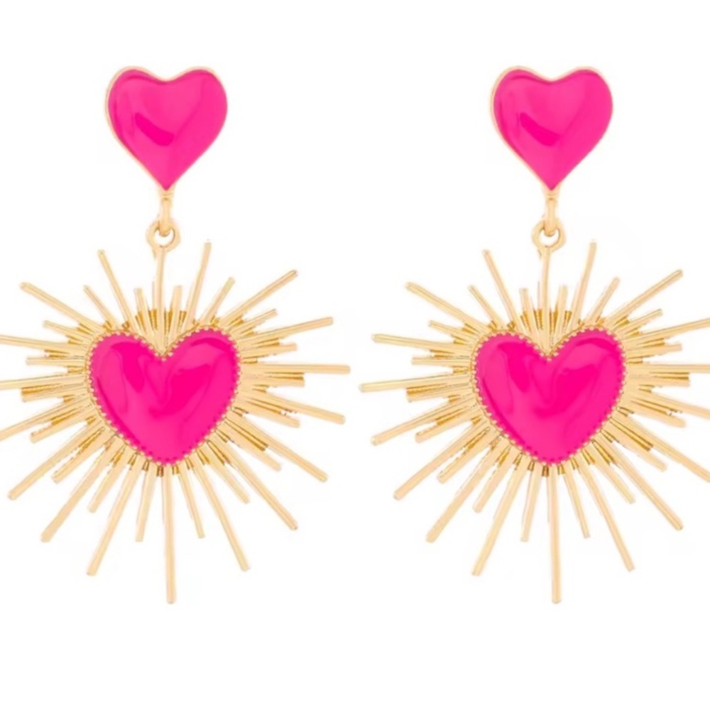 Pink Heart Burst Statement Earrings | Gold Sunray Dangle | Bold Retro Jewelry